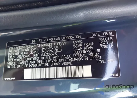 2019 Volvo Xc60 T5 Momentum z USA, uszkodzony, nr VIN LYV102RK7KB247493